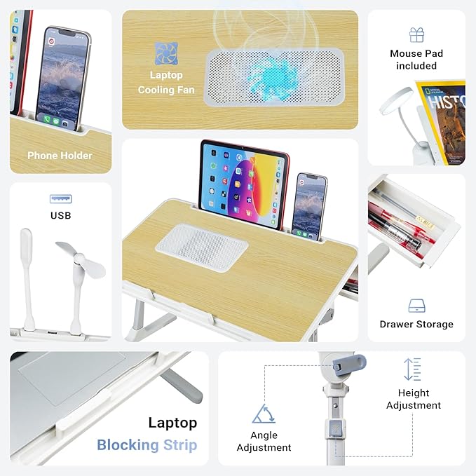 Laptop Lap Desk Include Cooling Fan,Adjustable Lap Desk with Light Fan,Folding Laptop Desk for Bed with USB,Bed Desk with Storage Drawer 60x40cm,White Oak