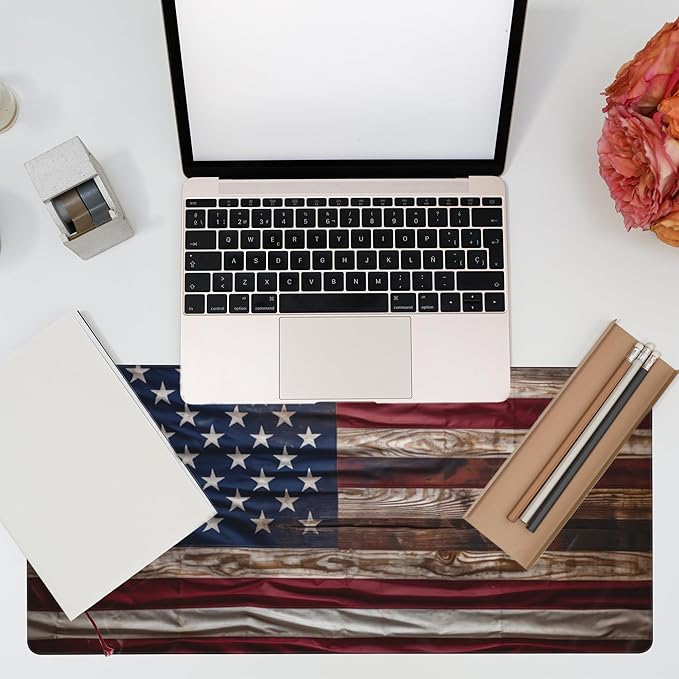 Large Gaming Mouse Pad for Desk,Wooden American Flag Desk Mat,Wooden USA Flag Desk Pad,Extended Big Computer Keyboard Mouse Pad with Non-Slip Base and Stitched Edge,35.4"x15.7"