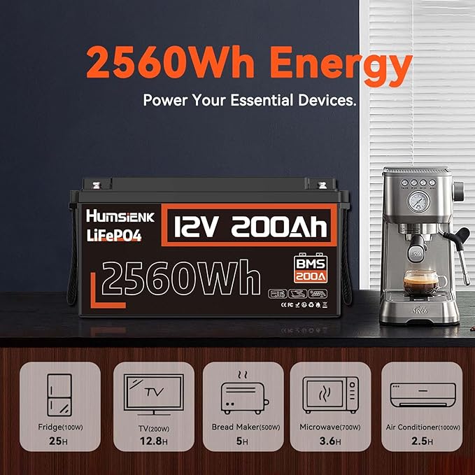 12V 200Ah LiFePO4 Lithium Battery, Built-in 200A BMS, Rechargeable Deep Cycles Batterys, 2560Wh Lithium Battery for Off-Grid and Home Solar System, Marine, Trailer, RV