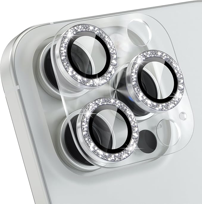 Choiche Compatible for iPhone 16 Pro/iPhone 16 Pro Max Camera Lens Protector, Bling Camera Cover with 9H Tempered Glass Lens Screen Protector Metal Ring Decoration Accessories(Clear-Silver)