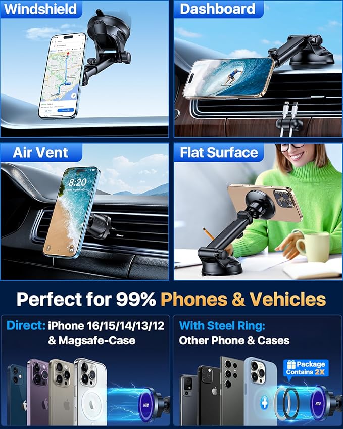 HTU for MagSafe Car Phone Mount Magnetic Phone Holder for Windshield Vent Dashboard Magnetic Suction Phone Mount for iPhone 16/15/14/13/12 & Android (Navy Blue)