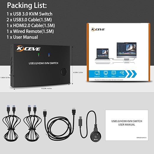 HDMI KVM Switch 1 Monitors 2 Computers 4K@60Hz, USB3.0 KVM Switches EDID Simulator 2 Ports for 2 PC Sharing Single Monitor and Keyboard Mouse with Wired Extend Controller and USB3.0 Cables