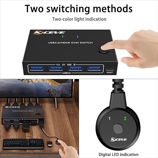 HDMI KVM Switch 1 Monitors 2 Computers 4K@60Hz, USB3.0 KVM Switches EDID Simulator 2 Ports for 2 PC Sharing Single Monitor and Keyboard Mouse with Wired Extend Controller and USB3.0 Cables