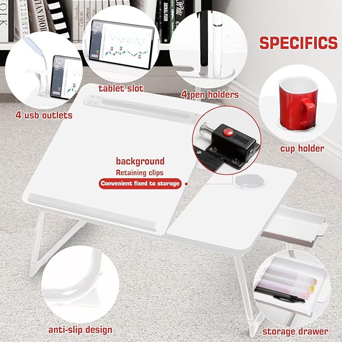 CloudTrip Plus XL Adjustable Laptop Desk with Light, USB Port, iPad Holder, Drawer Storage - Larger 23.6IN Adjustable Lap Desk for Bed, Home Office, Breakfast Tray, Fordable Legs Desk (White)