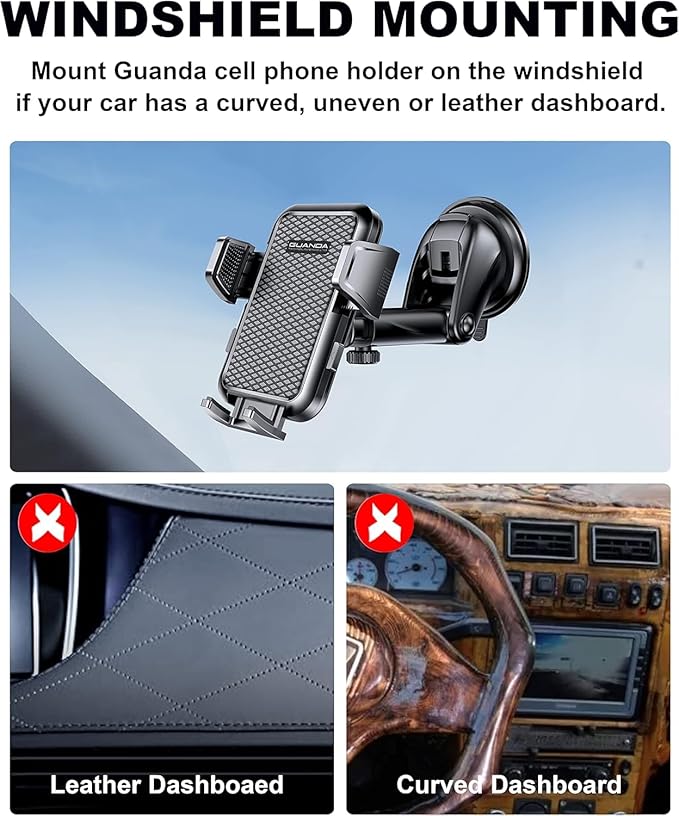 3-in-1 Car Phone Holder, Strong Suction Phone Mount for Windshield/Dashboard/Desk, Hands Free Dash Mounted Car Cell Phone Holder Stand, Truck Phone Holder for iPhone Samsung Android Smartphone