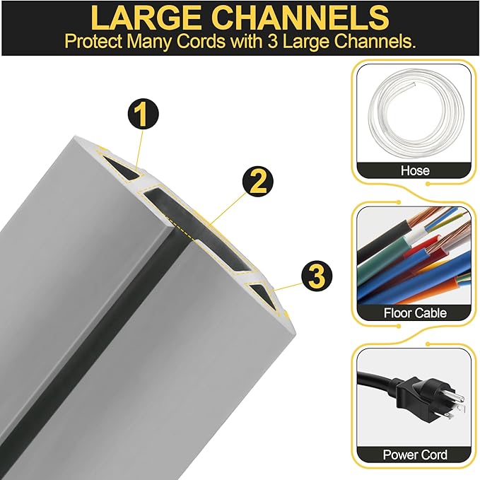 MYFAMIREA 10FT Floor Cord Cover Heavy Duty Cable Cover Protector 3 Channels Extension PVC Floor Wire Cover Outdoor Cord Hider Management Cord Cover for Wire on Floor for Home Office Outdoor, Grey