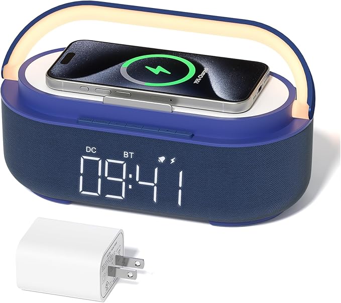 COLSUR 6-in-1 Bluetooth Speaker Alarm Clock with 15W Wireless Charger, FM Radio, Adjustable LED Night Light, 2500mAh Battery, Snooze Function – for Bedroom, Home, Office