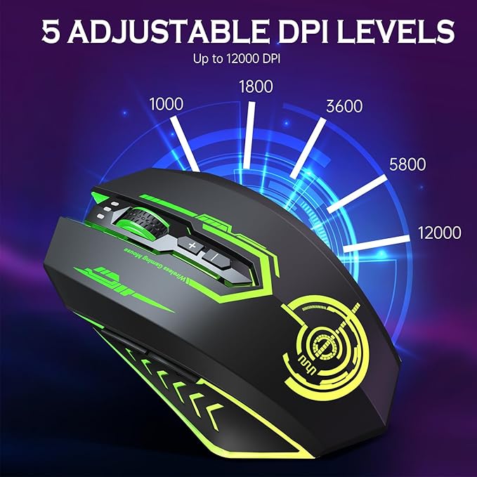 UHURU Wireless Gaming Mouse Up to 12000 DPI, Rechargeable USB-C Wireless Mouse with 7 Buttons 7 Dynamic LED Color Ergonomic Programmable MMO RPG for PC Laptop, Compatible with Windows Mac
