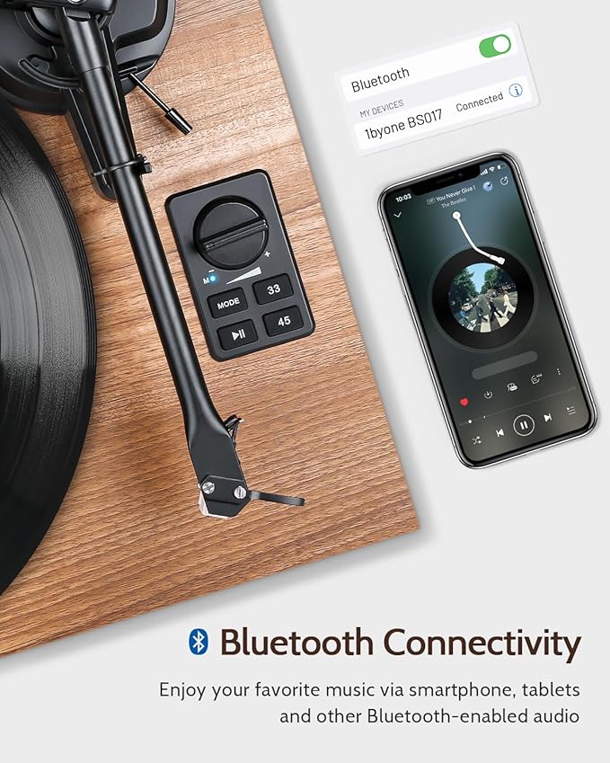 1 by ONE Bluetooth Turntable HiFi System with 36 Watt Bookshelf Speakers, Patend Designed Vinyl Record Player with Magnetic Cartridge, Bluetooth Playback and Auto Off