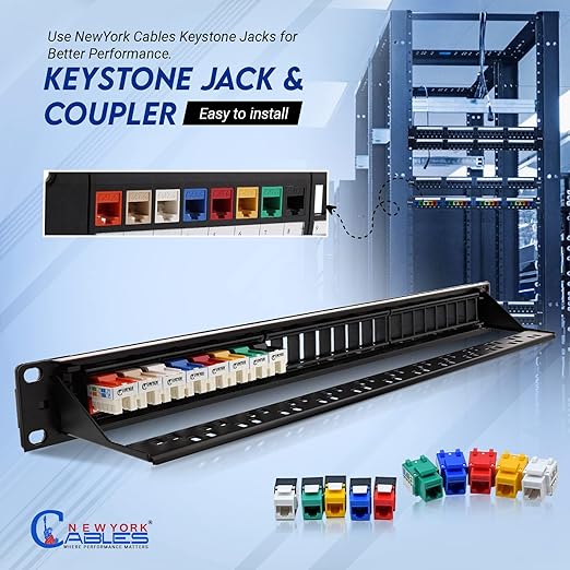 NewYork Cables® Blank Keystone 24 Port Cat6 Patch Panel - 10Gb Ethernet 1U Horizontal Rack Mount, Color-Coded T568A/B Labels, Network for Data Centers, Server Rooms, Unloaded, Unshielded.