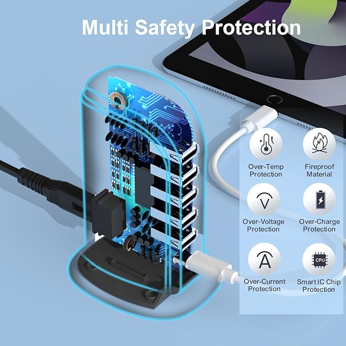 USB Charger Block with Type C, 6-Port Chargers for Multiple Devices, USB Charging Hub with Smart IC, Charger Station Total 60W for Phone/Tablet/Gaming, Wall Charger Adapter Compact&Portable
