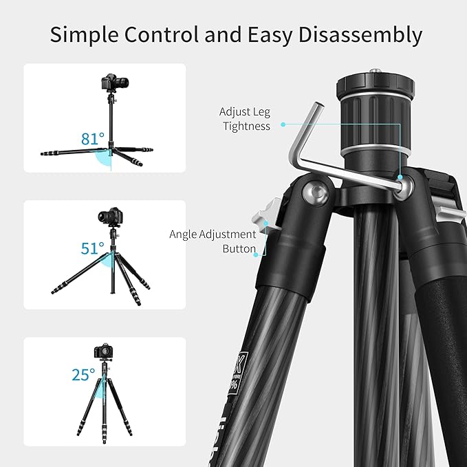 Carbon Fiber Camera Tripod, 62" Professional Video Tripod for Camera with 360° Ball Head, 1/4" Arca QR Plate, Compact Lightweight Travel Monopod for DSLR/Smartphone, Max Load 17.6 lbs/8kg