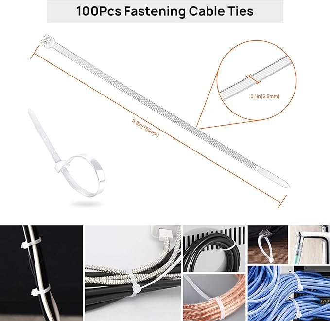 193 PCS Cable Management Kit - 4 Cable Sleeve, 57 Self Adhesive Cable Clips, 12 Hanging Strips, 12 Cable Organizer Straps and 100 Fastening Cable Ties for TV Computer Under Desk (White)