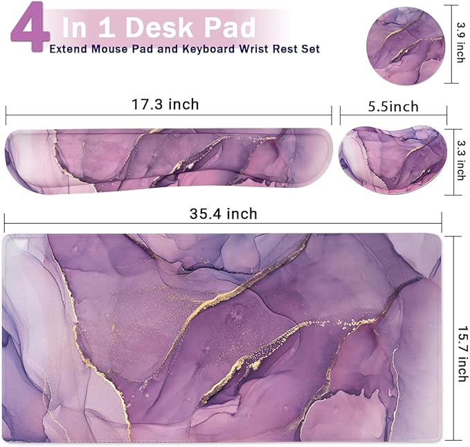 Large Mouse Pad and Keyboard Wrist Rest, Desk Pad for Keyboard and Mouse, 4-in-1 Large Gaming Mouse Pad with Wrist Support, Desk Mat for Home Office Study Game-Purple