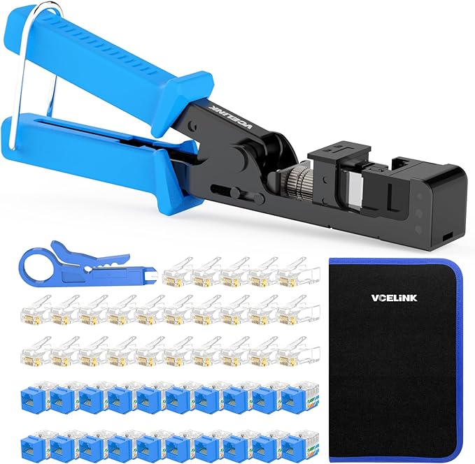 VCELINK Speed Termination Tool for VCE 90-Degree Keystone Jacks Punch Down Network Tool Kit with 20-Pack CAT6 Keystone Jacks UL-Listed Blue, 25-Pack RJ45 Connectors, 1-Pack Mini Wire Stripper