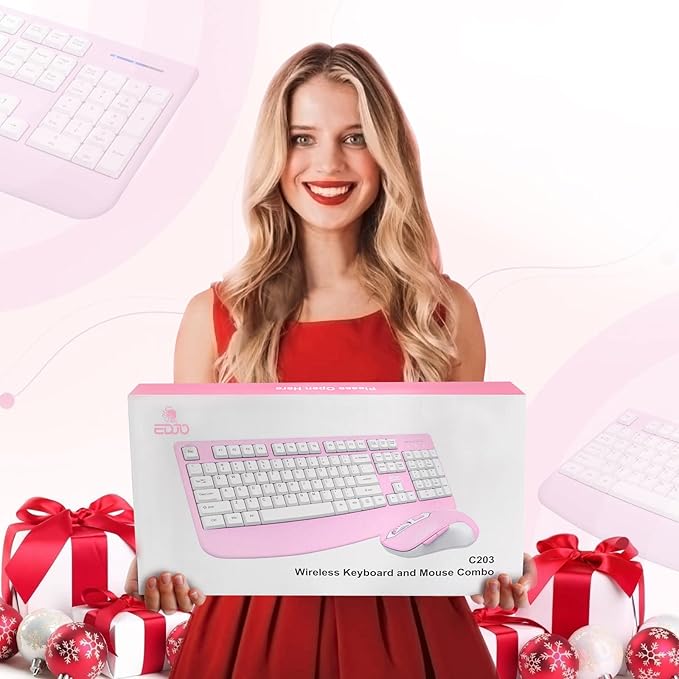Wireless Keyboard and Mouse Combo, EDJO 2.4G Full-Sized Ergonomic Computer Keyboard with Wrist Rest and 3 Level DPI Adjustable Wireless Mouse for Windows, Mac OS Desktop/Laptop/PC(White Pink)
