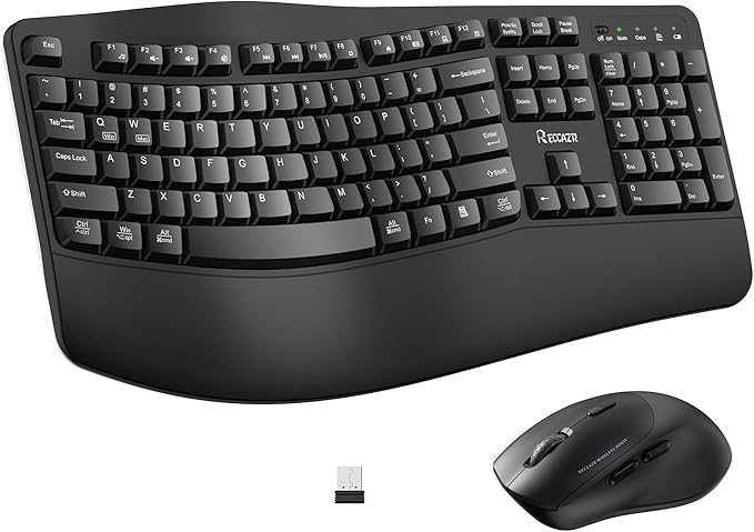 Wireless Keyboard and Mouse Combo,2.4G Full Size Wave Keys Ergonomic Keyboard with Wrist Rest for Natural Typing, 3 DPI Adjustable Ergonomic Silent Mouse for Computer/Laptop/Windows/Mac (Black)