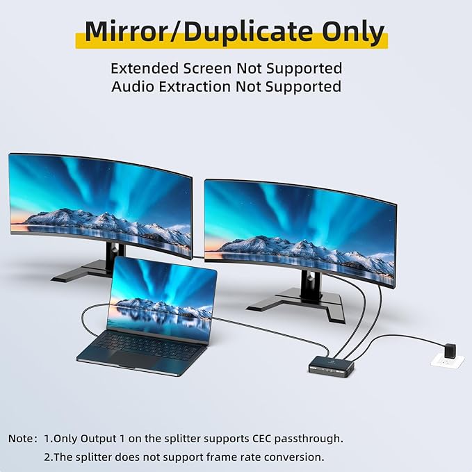 8K HDMI Splitter 1x2 – 1 in 2 Out, 8K@60Hz, 4K@240Hz (DSC), HDCP 2.3, 48Gbps, EDID, Auto Downscaling, Duplicate/Mirror Screens, Compatible with Dual Monitors, TV, PS5, Amplifier