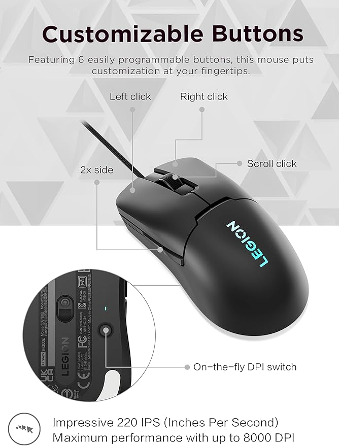 Lenovo Legion M300s RGB Wired Gaming Mouse - 8,000 DPI Adjustable Sensor, 6 Programmable Buttons & 20-Million Clicks Durability with Optimized Comfort (Black)