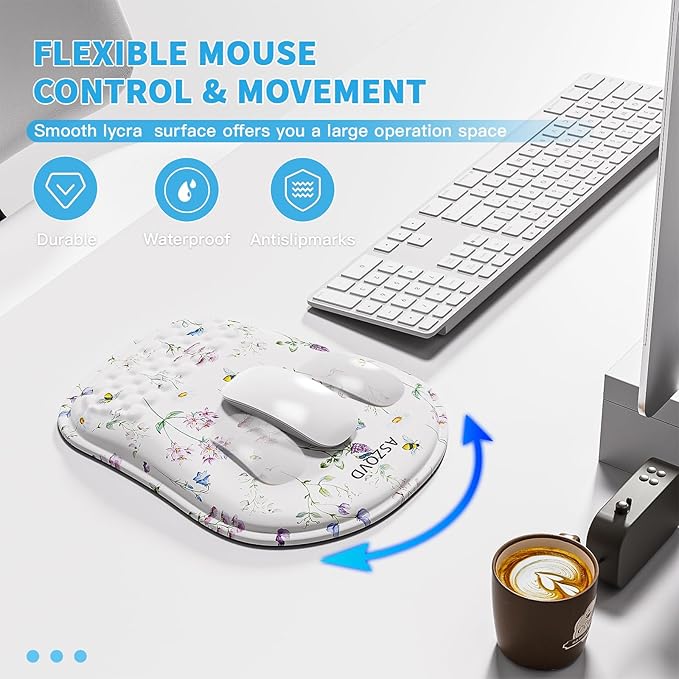 Mouse Pad with Wrist Rest, Ergonomic Mousepads with Wrist Support, Soft Lycra Fabric Memory Foam Office Desk Accessories for Comfort/Pain Relief/PC Gaming/Computer/Laptop (White Wild Plant)