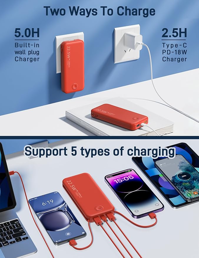 Portable Charger with Built in Cable and AC Wall Plug, USB C Power Bank 12000mAh 22.5W Super Fast Charging, Lightweight Portable Phone Charger Travel Battery Pack for iPhone, Samsung, Tablets (Red)