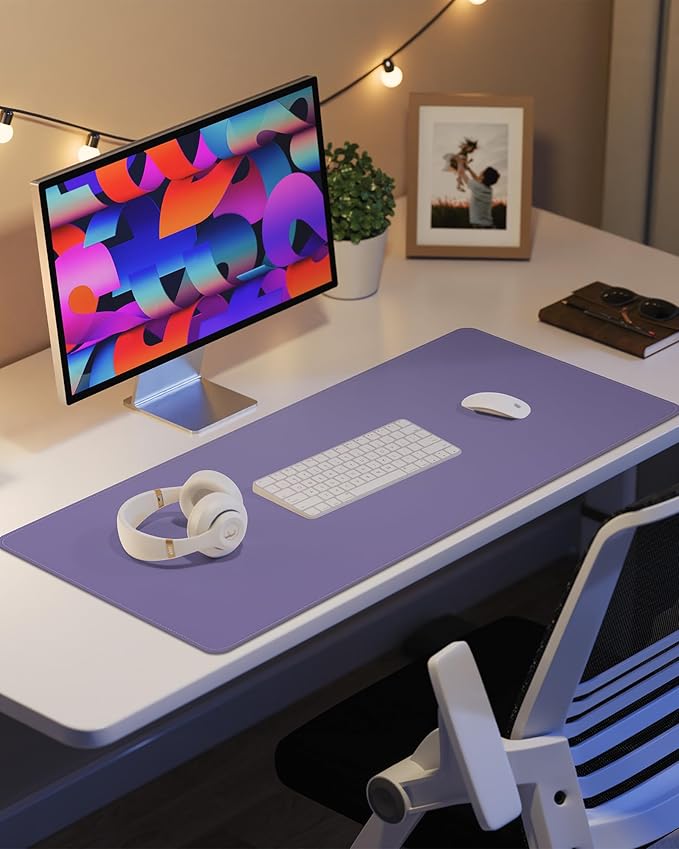 Leather Desk Pad Protector, Purple Desk pad, Office Desk Mat, Non-Slip PU Leather Desk Blotter, Laptop Desk Pad, Waterproof Desk Writing Pad for Office and Home (Light Purple, 31.5" x 15.7")