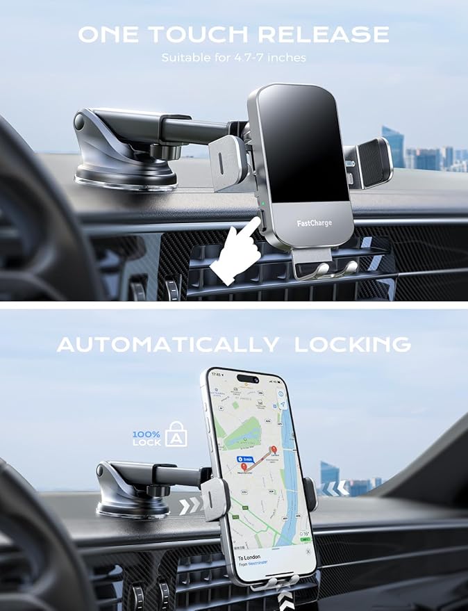 CHGeek Wireless Car Charger, 15W Fast Charging Auto Clamping Car Charger Phone Mount Phone Holder fit for iPhone 15 14 13 12 11 Pro Max Xs, Samsung Galaxy S25 Ultra S24 S23 S22, S21, S20, Silvery