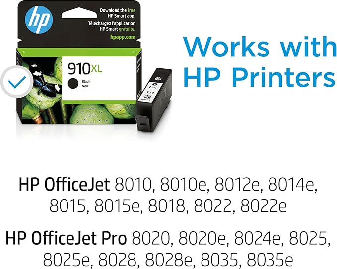 HP 910XL Black High-yield Ink Cartridge for HP Printers | Works with Printer Series: OfficeJet 8010, 8020; OfficeJet Pro 8020, 8030 | Eligible for Instant Ink | 3YL65AN