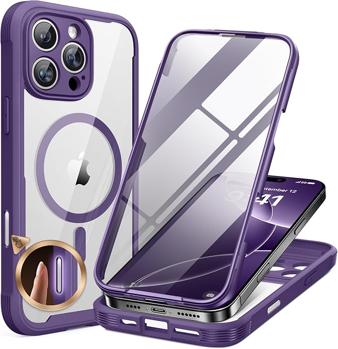 Miracase Magnetic for iPhone 16 Pro Case Full-Body Phone with Built-in Glass Screen Protector, [Compatible with MagSafe] Military Drop Proof 16 Pro Cover Bumper 6.3 inch, Purple
