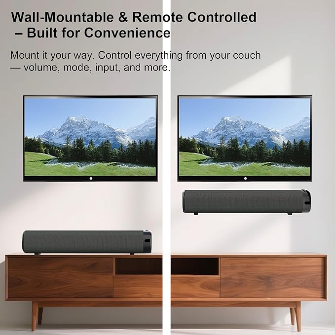 Sound Bar for Smart TV , Surround Sound System for TV – 50W Bluetooth Soundbar with Bluetooth, ARC, Optical, and AUX Connectivity, Remote Control, Wall-Mountable, Compatible with TV, PC, and Phone