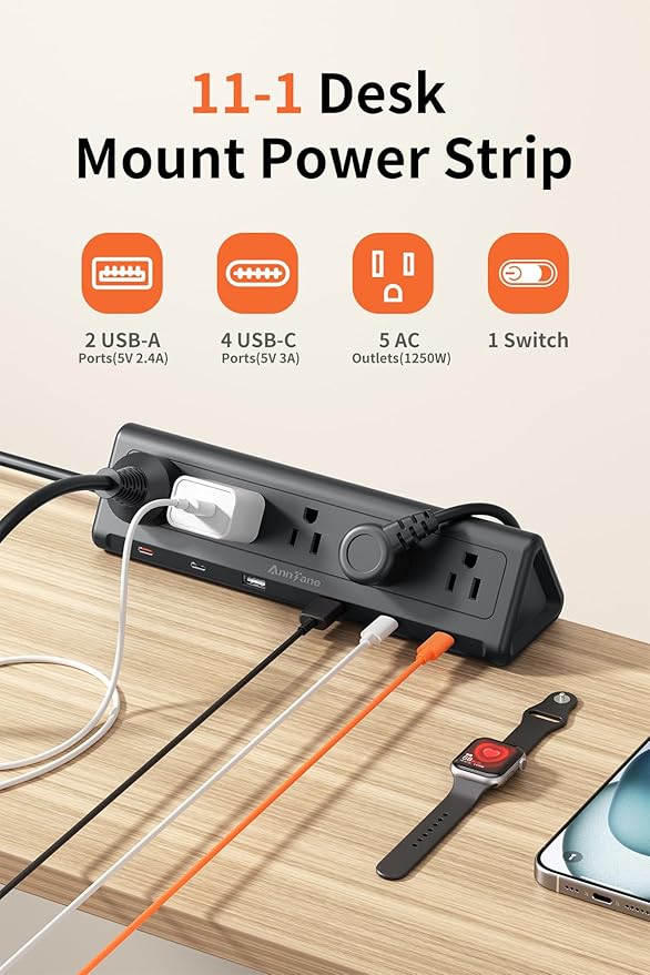 10 FT Desk Clamp Power Strip with 5 AC Outlets & 6 USB Ports PD 40W USB-C Fast Charging, 1250J Surge Protector, Fits 2.6 in top Edge Black
