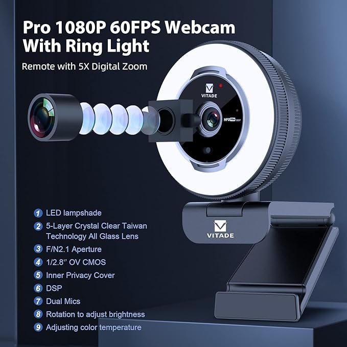 Zoomable Webcam with Remote Control, 1080P 60FPS Streaming Webcam with Adjustable Ring Light and Tripod, Pro USB 5X Digital Zoom Webcam for Zoom/Skype Teams/Laptop/Mac Windows