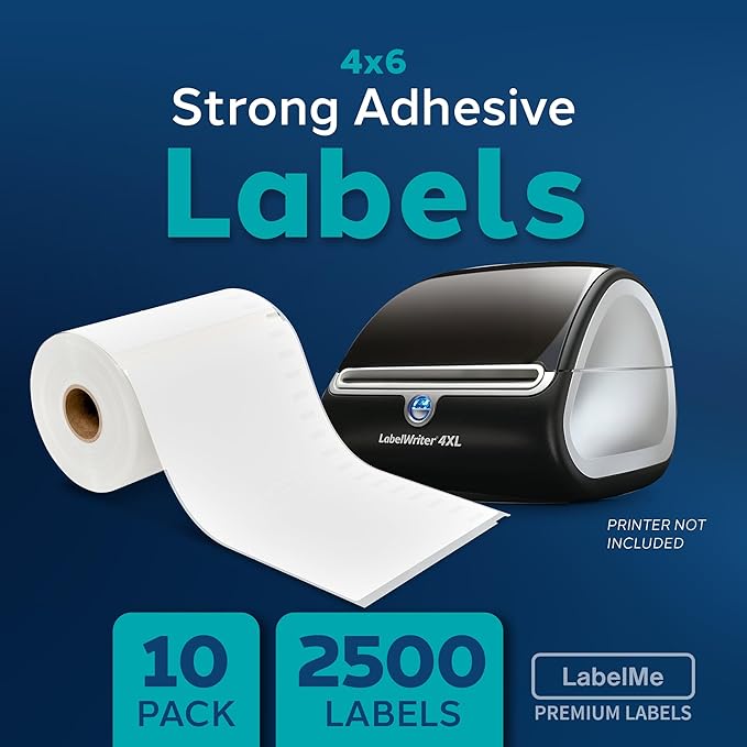 4x6 Thermal Labels Roll - Compatible with Dymo 4XL or Rollo 4x6, Perforated Strong Adhesive, Replaces Dymo 1744907, 250 Per Roll(10 Rolls | 2500 Labels)