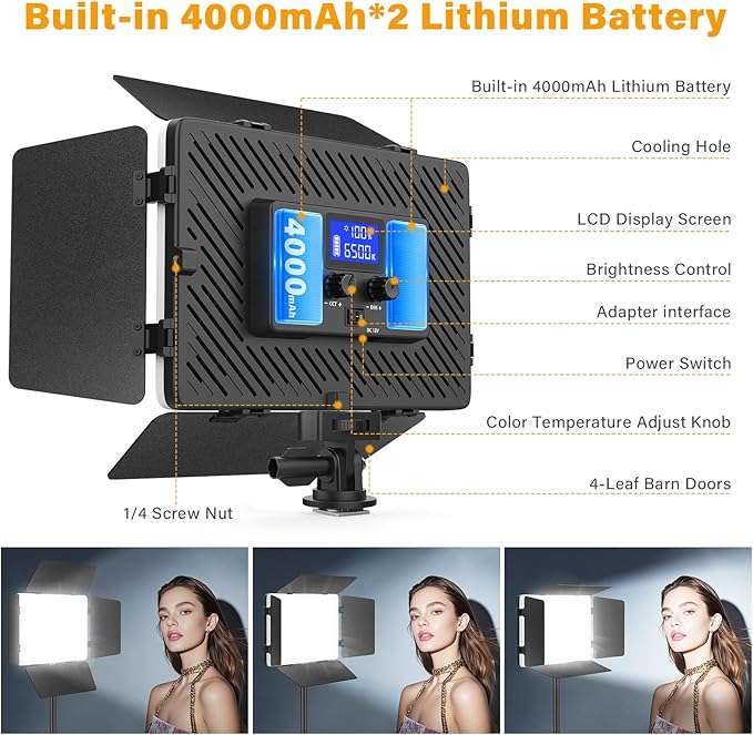 2 Pack Led Video Light Panel Light with Barndoor, 8000mAh Rechargeable Camera Light with 79'' Stand, Photo Studio Lighting kit for Video Recording Live Streaming Outdoor Indoor Photography