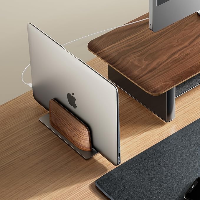 UPERGO Vertical Laptop Stand for Desk, Laptop Holder to Dock MacBook, MacBook Pro and Other Laptops, Black Walnut Wood