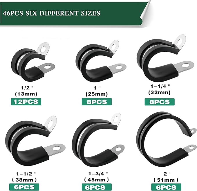 46PCS Cable Clamps Assortment Kit,Stainless Steel Rubber Coated Cushioned Insulated Cable Clamp,Automotive Wire Clamps,Pipe Clamps,Metal Clamp in 6 Sizes—1/2'' 1'' 1-1/4'' 1-1/2'' 1-3/4'' 2''