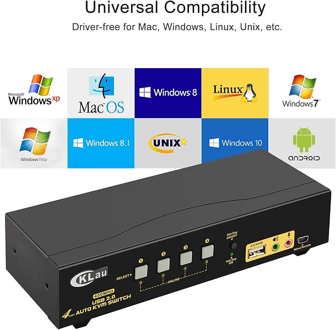 CKLau 4 Port 450MHz USB Auto VGA KVM Switch with Audio and Cables, Monitor Switch for Multiple Computers Support Windows, Linux, Mac, Debian, Ubuntu, Fedora, Raspbian, Ubuntu