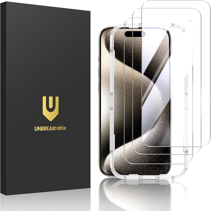 UNBREAKcable Shatterproof Tempered Glass Screen Protector for iPhone 15 Pro [3-Pack] [Easy Installation Frame] [9H Hardness] [99.99% HD Clear][Bubble Free] for Apple 6.1”