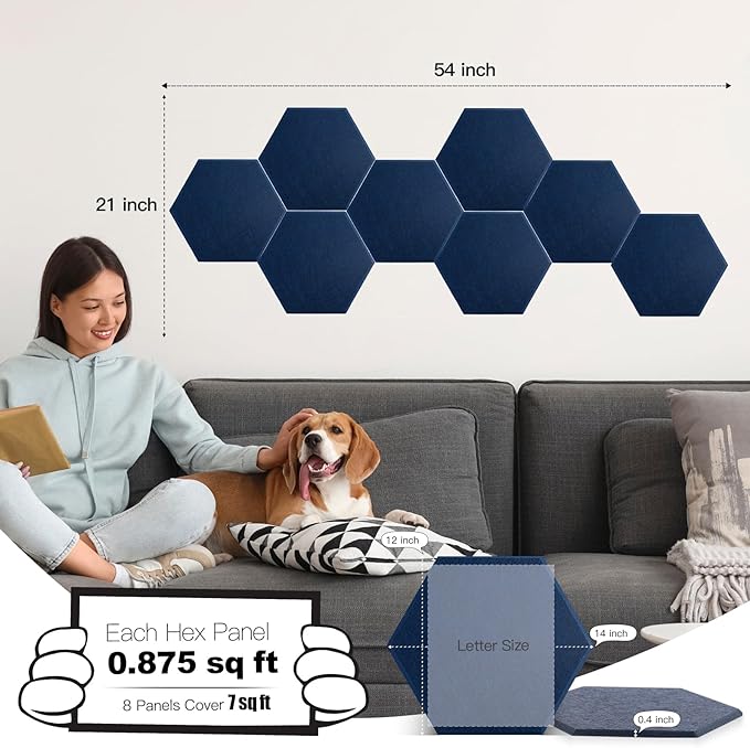 Mollywell Hexagon Acoustic Panels, High Density, Soundproofing, Decorative Noise Reduction Felt Wall Tiles for Ceilings, Home Office & Gaming Room (Deep Blue), 14x12x0.4 Inch