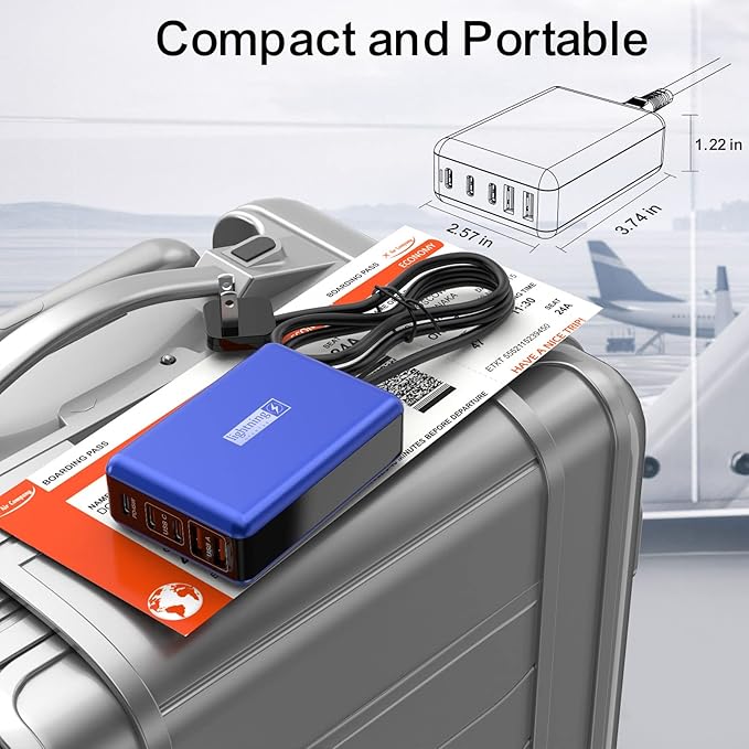 100W USB C Charger, 5 Port USB Tower Charging Hub Fast Charger for iPhone,iPad,MacBook, Super Fast Charging for Samsung, Multi USB Block with Flat Plug, Travel Charger for Multiple Devices, Blue