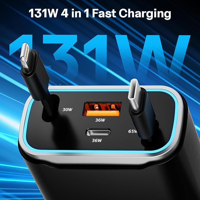 iPhone Car Charger, 4 in 1 Retractable Fast Car Phone Charger Adapter 131W, Retractable Cables (31.5 inch) & 2 USB Ports for iPhone 16/15/14/13/12/11 Pro/Samsung