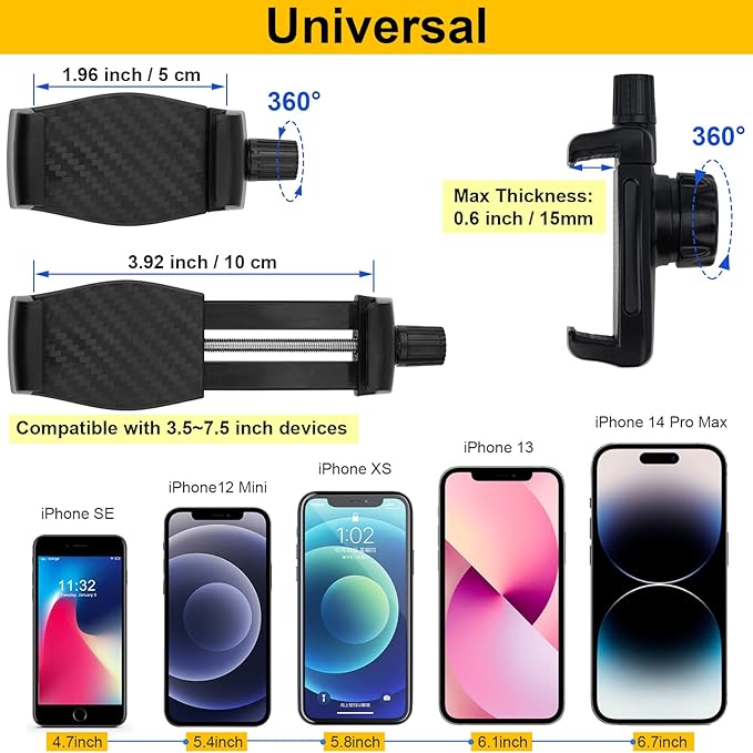 iPhone Mount for Desk/Table/Rod/Kitchen Cabinet,360°Adjustable Aluminum Alloy Phone Stand,Clip Holder Compatible with 3.5~7.5" iPhone/Nexus/HTC/Huawei/Smartphone