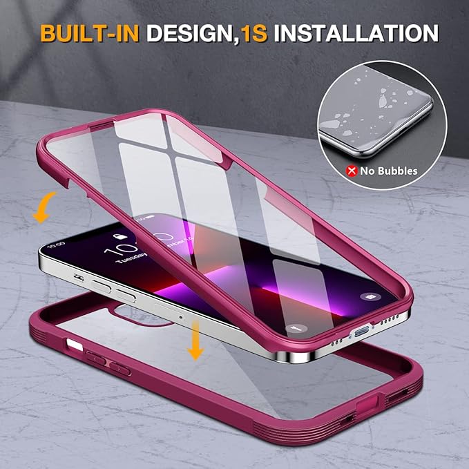 Miracase Glass Case for iPhone 13 Pro Max 6.7 inch, Upgrade Full-Body Clear Bumper Case with Built-in 9H Tempered Glass Screen Protector for iPhone 13 Pro Max, Claret Red