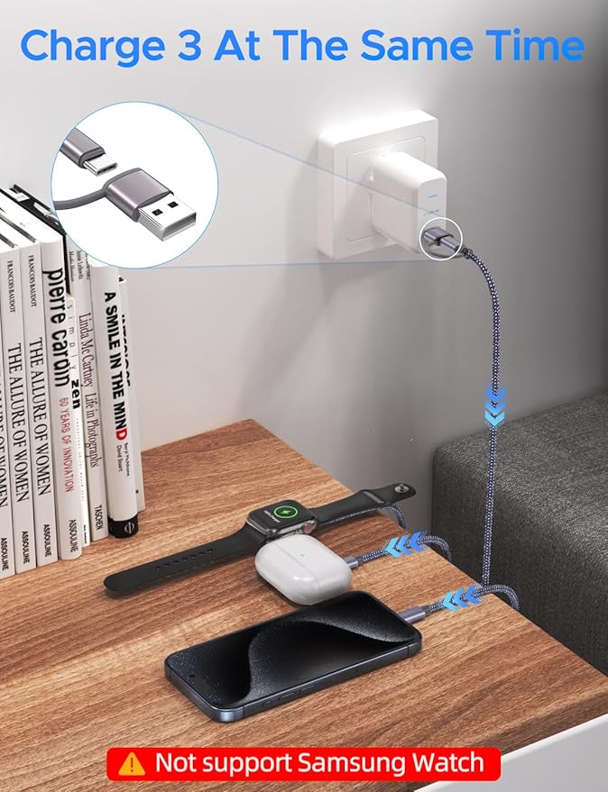 Multi Charging Cable for Apple Watch Charger iPhone Charger PD20W USB C/A Block Fast Charging Compatible with iWatch Ultra/SE/10/9/8/7/6/5/4/3/2/1 & iPhone 16/15/14/13/12/Galaxy S23-4FT