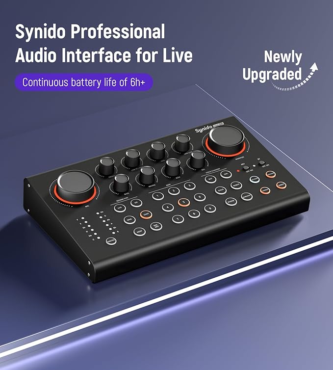 Synido Podcast Equipment Sound Card, Audio Interface Mixer with Pro-preamp, 48V Phantom, 9 Customize Sound Pads, XLR, 1/4", 1/8" Inputs for Live Streaming/Music Recording/Gaming/PC/Guitar, Black