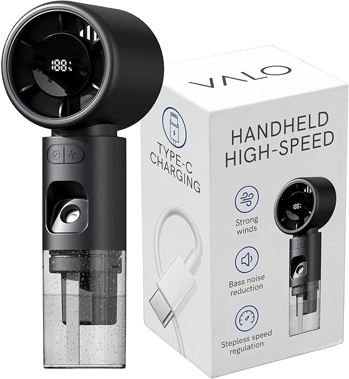 Valo Portable Rechargeable Fan - Mini Cooling Fan for Travel, USB Desk Personal Fan with 4 Speeds, 50ml Tank for Water Cooling Technology, Quiet Operation, 2,000 mAh Battery - Midnight Black