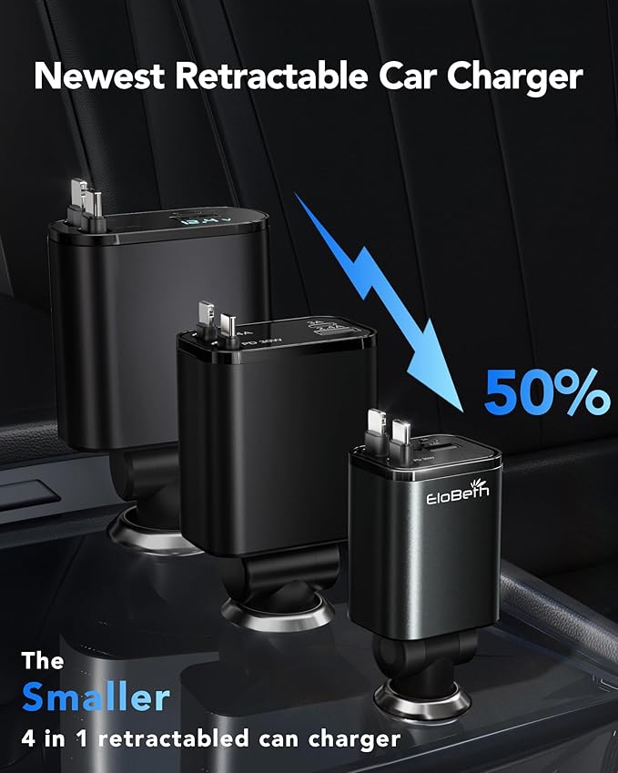 Upgraded Retractable Car Charger Adapter,4 in 1 Fast Charging Car Phone Charger,69W USB C Car Truck Accessories,Road Trip Essentials Gift for Men Women for iPhone 16/15/14/13/12/11,Galaxy,Pixel