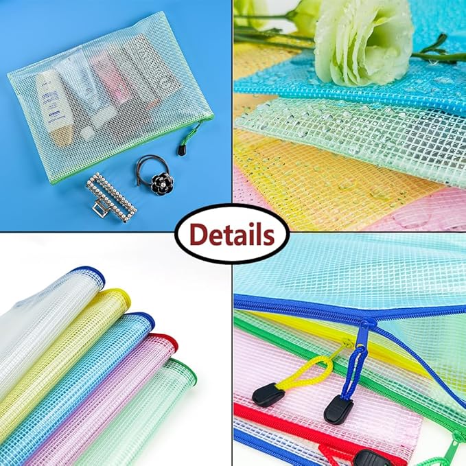 AUSTARK 10 Pcs Zipper File Bags, Waterproof Plastic Mesh Pouch for Office School, Board Game Storage Bags (B5 Size 11.4''x8.2'', Multicolored)