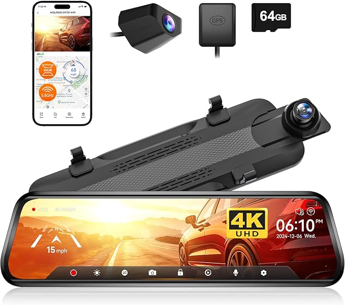 WOLFBOX G930 10'' Rear View Mirror Camera with 5.8GHz WiFi, 4K Dash Cam Front and Rear with WDR, Touch Screen Rearview Mirror Backup Camera, Parking Monitor, Reverse Assist, Includes 64GB Card & GPS