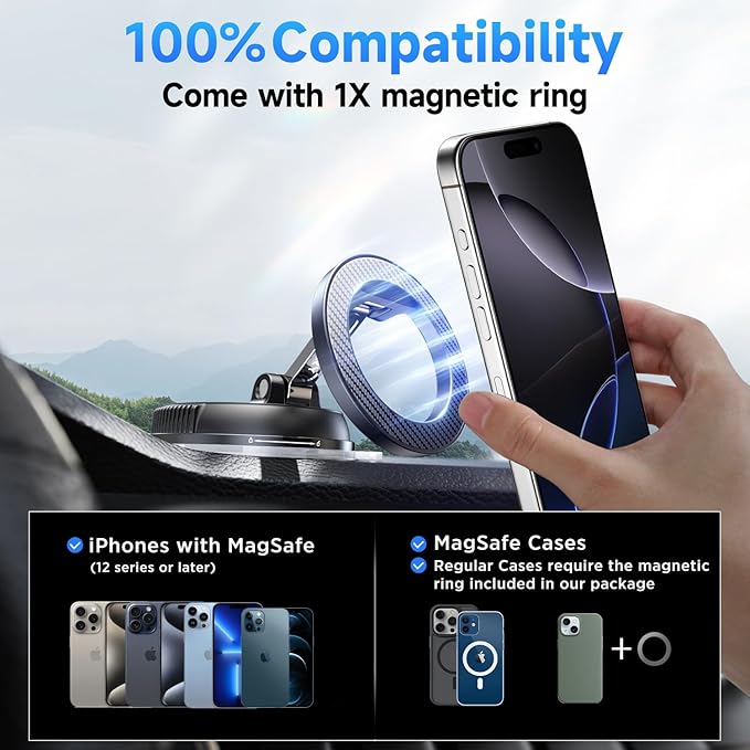 Car Phone Holder for Magsafe [78+LBS Strongest Suction & 2400gf Strongest Magnetic] 360° Adjustable Car Phone Mount, Phone Holders for Your Car for iPhone 16 Pro Max 15 14 13 12 Plus (Carbon Fiber)